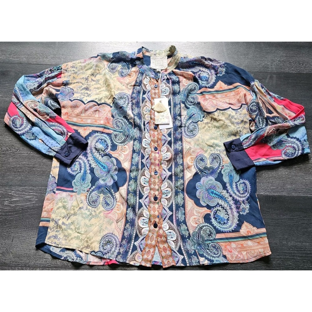 NWT Johnny Was Onda Buttoned Top Women S Multicolor Paisley Artsy Silk Viscose